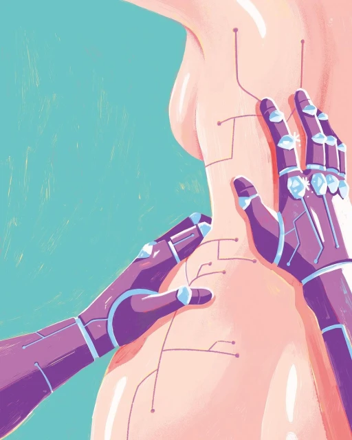 Illustration of human upper body touched by two robotic arms, depicted with clean lines and a teal background.