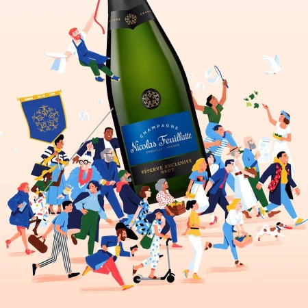 Illustration showcasing a large champagne bottle surrounded by diverse crowd of people walking and celebrating, set against a peach background.