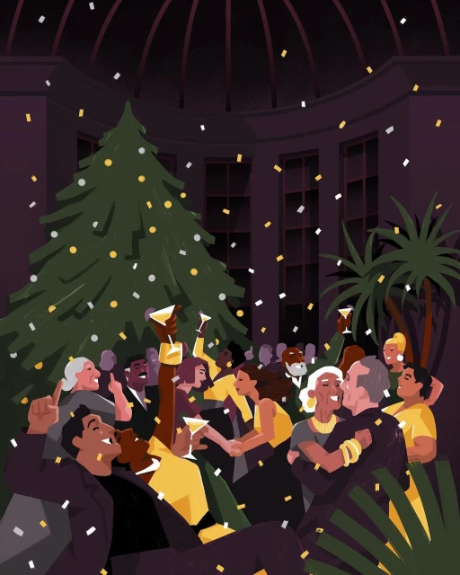 Illustration of a diverse group of people celebrating in a room with confetti, a Christmas tree, and plants, under a dome.