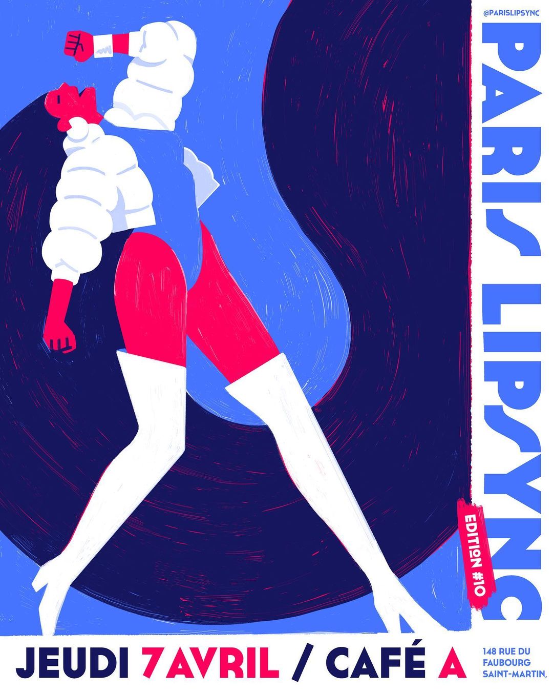 Graphic illustration of a stylized woman with white clothing, red skin, and white boots against a blue background and a black vinyl record.