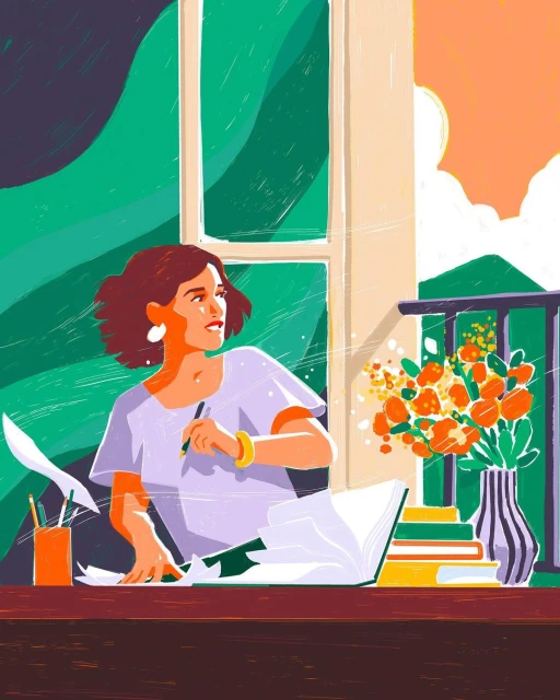 Illustration of a woman at a desk writing near an open window with flowers and books; stylized art with an outdoor view.
