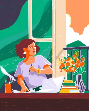 Illustration of a woman at a desk writing near an open window with flowers and books; stylized art with an outdoor view.