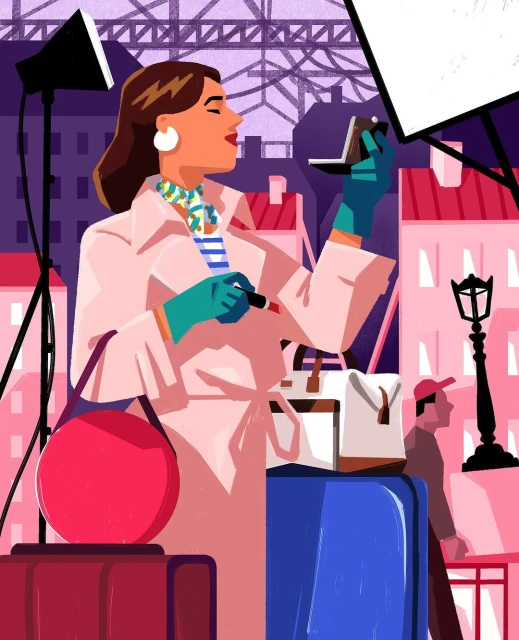 Illustration of a stylish adult woman applying lipstick in a city, surrounded by luggage, with a man walking in the background.