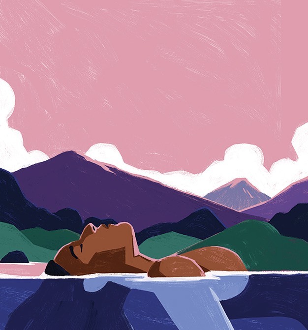 Illustration of an adult floating in water surrounded by green and purple mountains against a pink sky with clouds.
