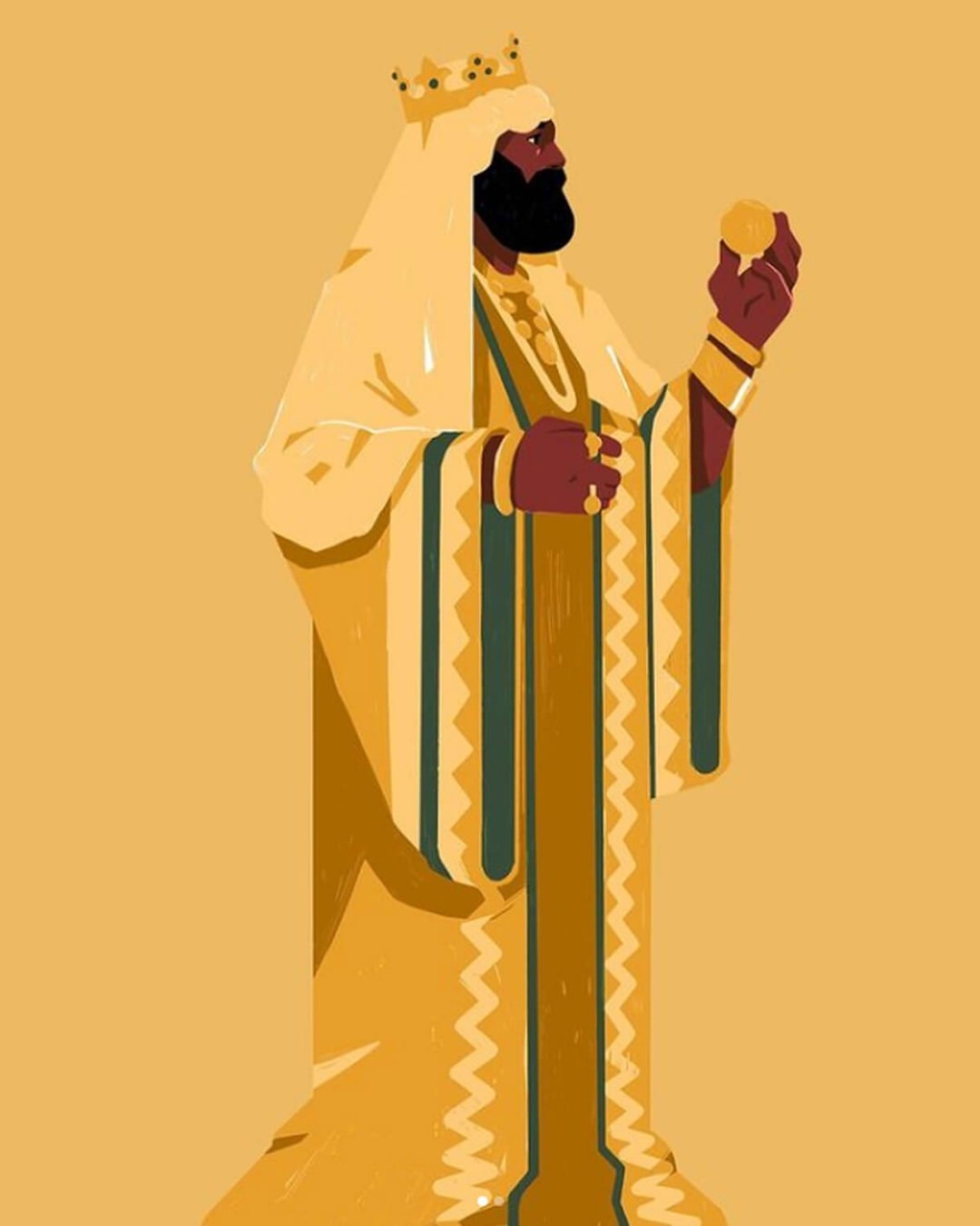 Illustration of an African descent king in golden robes and crown holding a golden orb against a monochromatic mustard background.