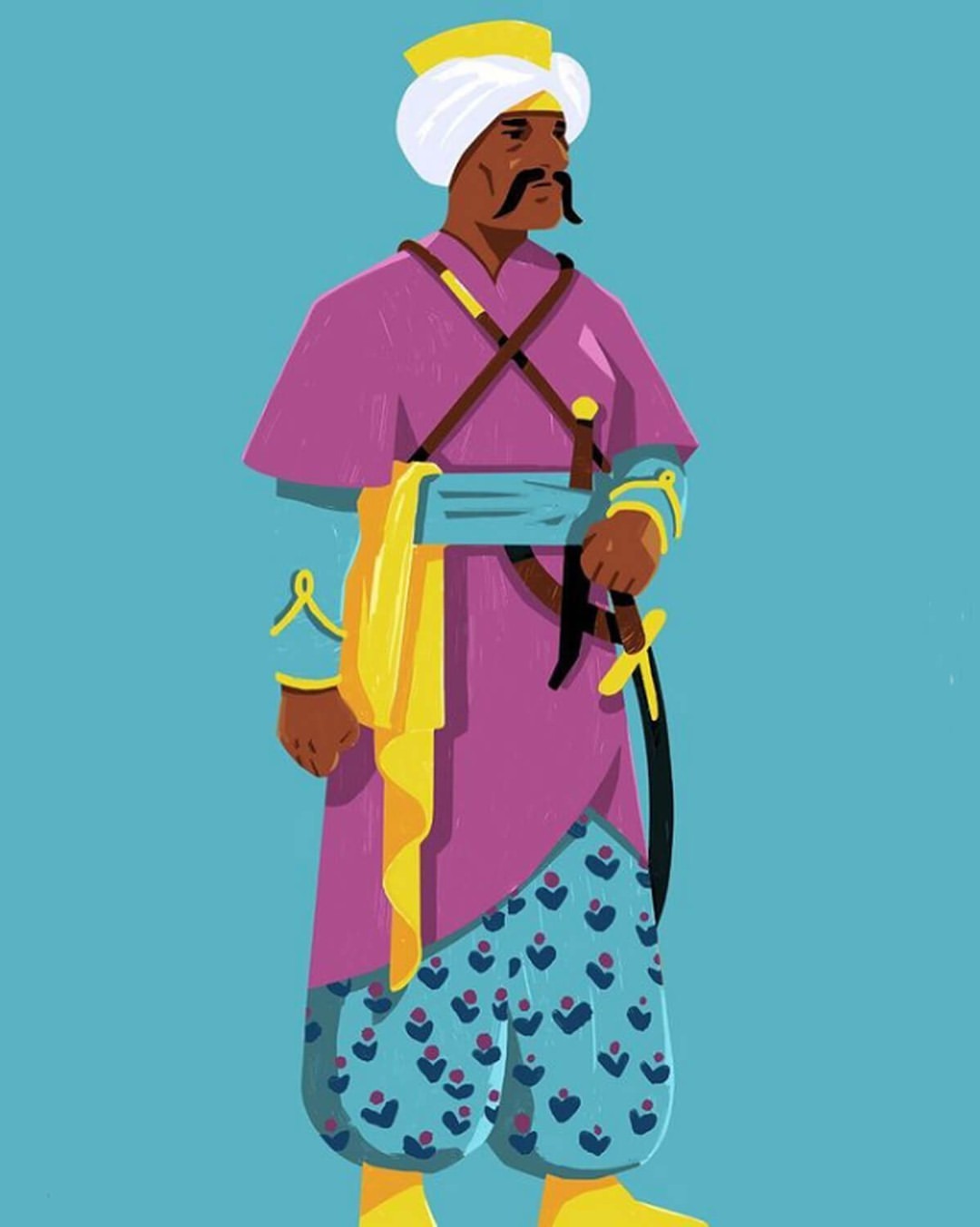 Illustration of a man in traditional clothing with a turban, long tunic, and patterned pants, holding a sword against a blue background.