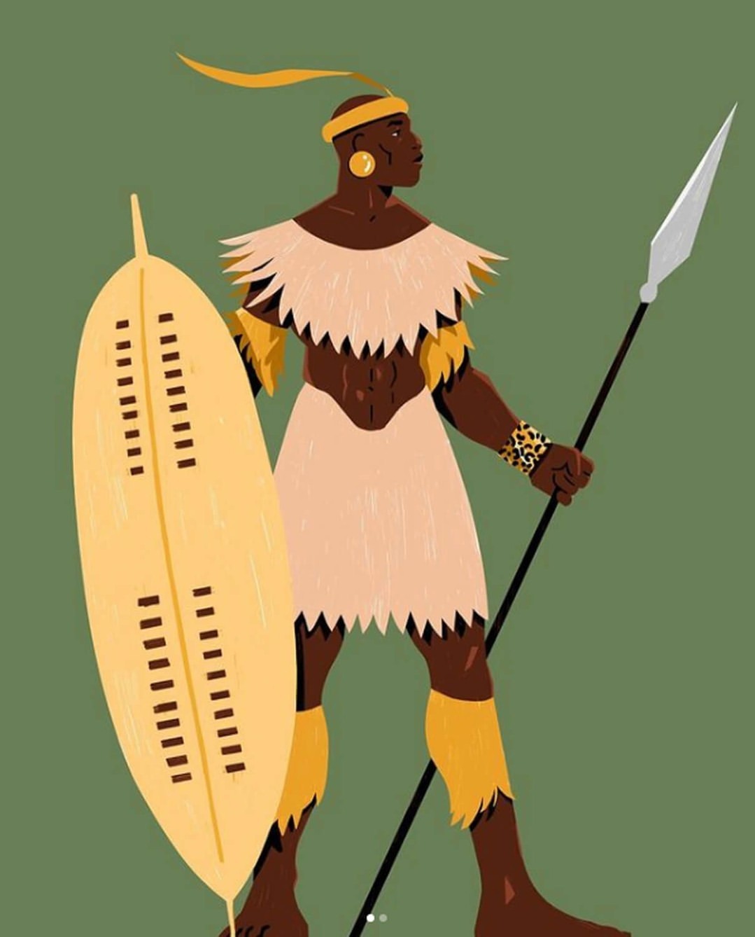 Illustration of a dark-skinned African warrior with a shield and spear against a green background in tribal attire and headwear.