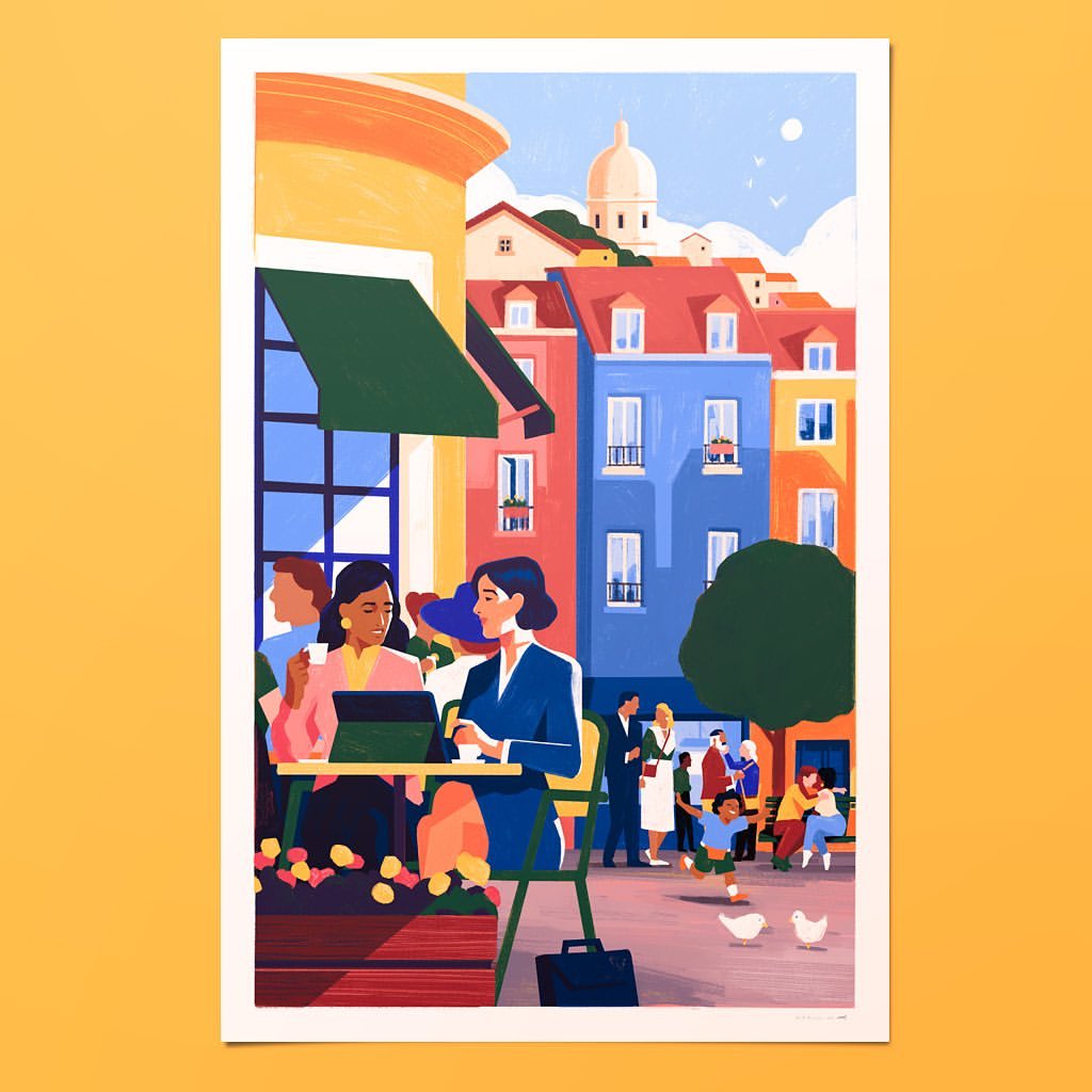 Illustration of two women at an outdoor cafe in a European city, buildings with red tile roofs, blue sky, and white clouds in background.