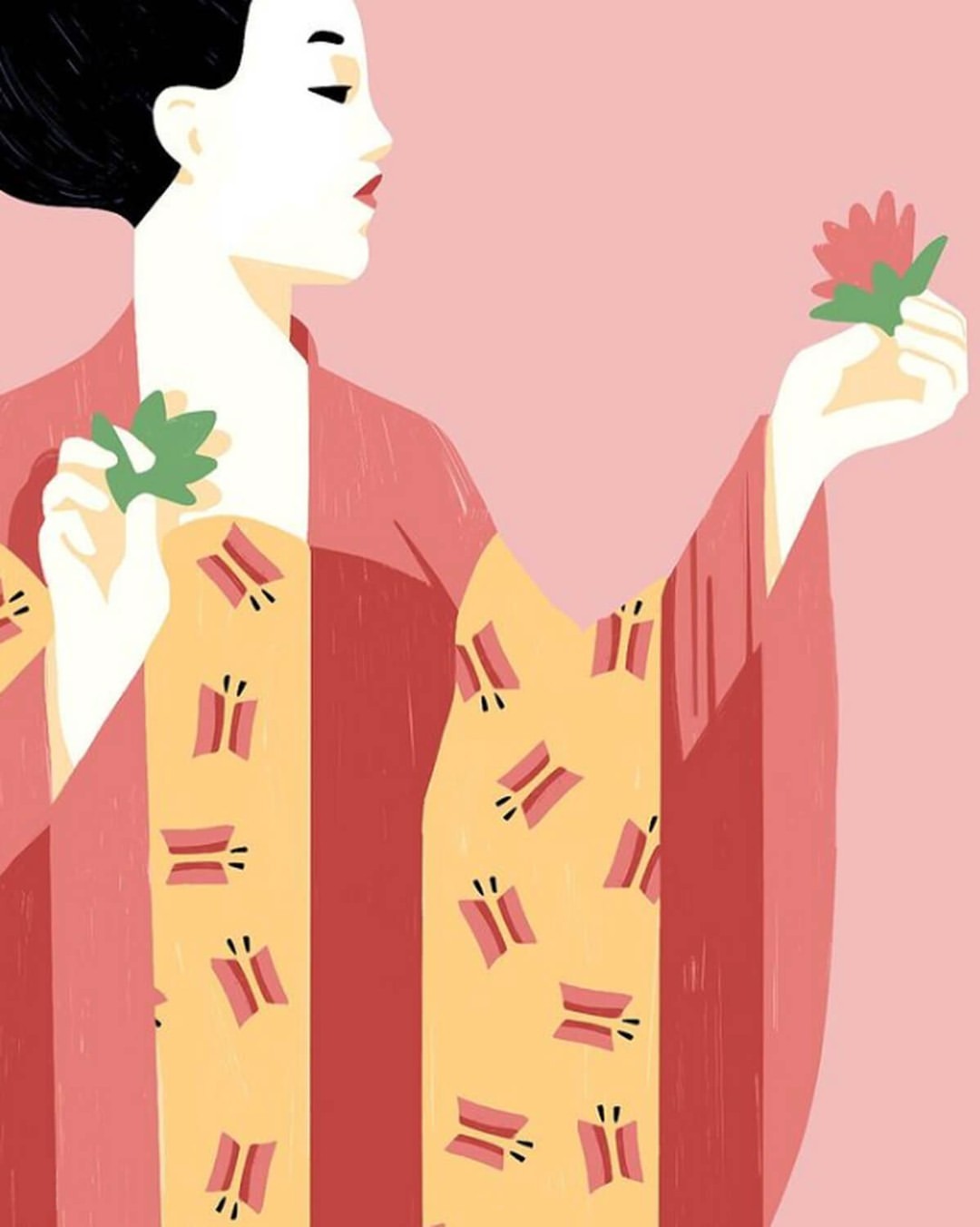 Illustration of a fair-skinned adult female in profile, holding flowers, wearing a patterned kimono against a pink background.
