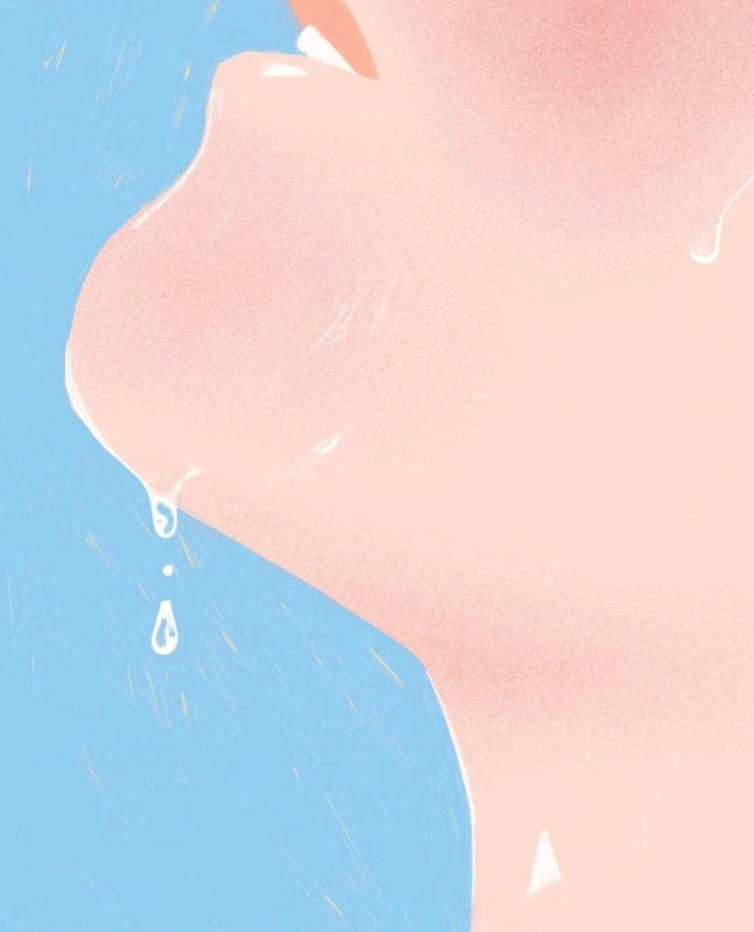 Digital illustration of a human face with water droplets and pink skin against a pastel blue background, showcasing beauty and hydration.