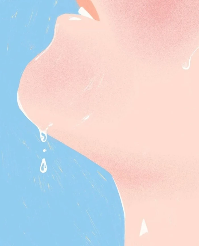 Close-up digital illustration of a face in profile with water droplets falling against a bright blue background by Kim Roselier.