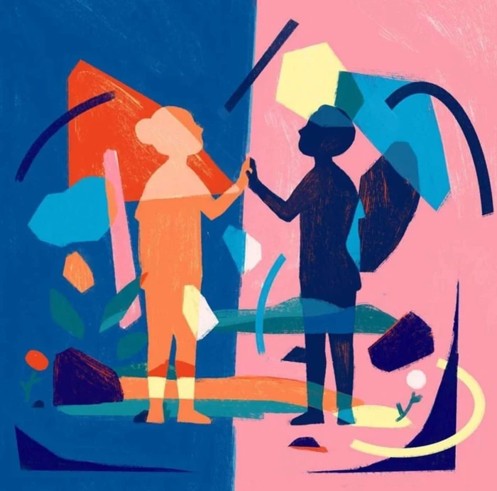 Colorful illustration by Kim Roselier featuring two stylized figures reaching out and touching hands across a split blue and pink background.