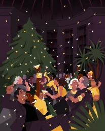 Digital illustration of a crowded holiday party at night with people dancing, raising glasses, and confetti falling.