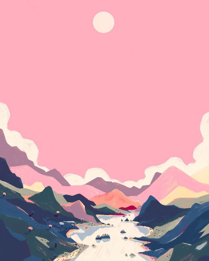 Digital illustration of mountainous landscape under a pink sky with glowing sun by Kim Roselier