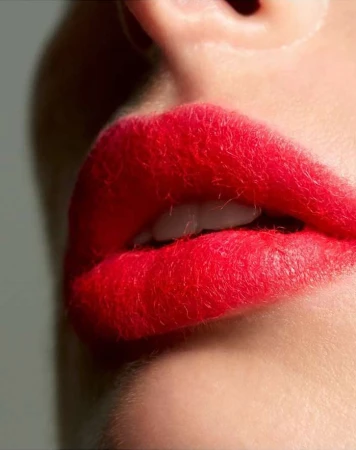 Extreme close-up shot of lips covered in a vibrant red fuzzy textured material resembling lint or wool.