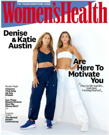 Women's Health magazine cover featuring Denise and Katie Austin. Mother and daughter fitness figures are posing in athletic wear on a white backdrop.