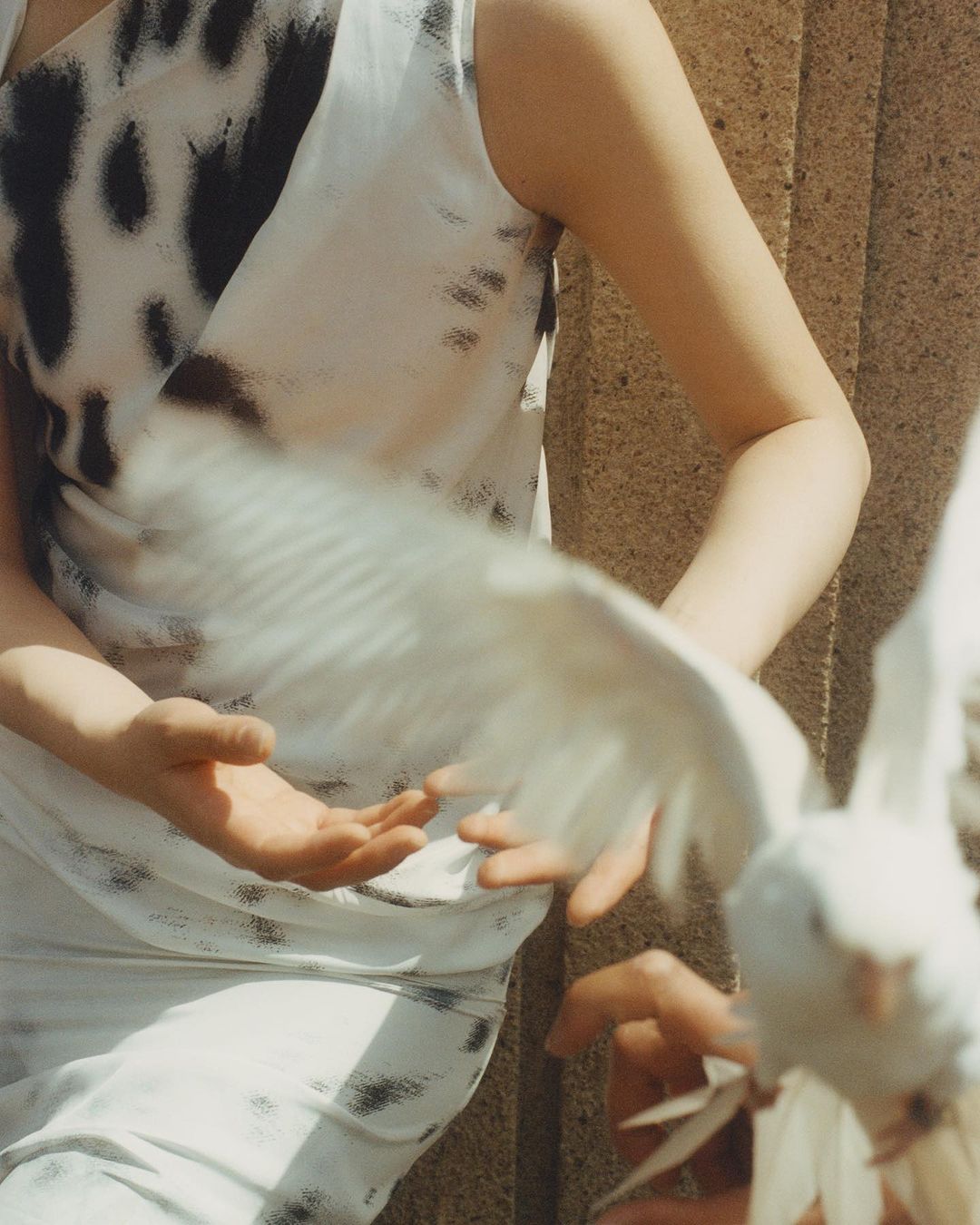 A woman in a patterned white dress releases a white dove into flight, with concrete pillars in the background. Fashion and wildlife blend.