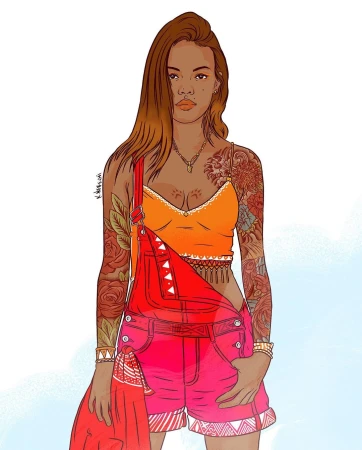 Illustration of a woman with medium-length brown hair, tattoos, an orange top, and pink overalls against a white background.