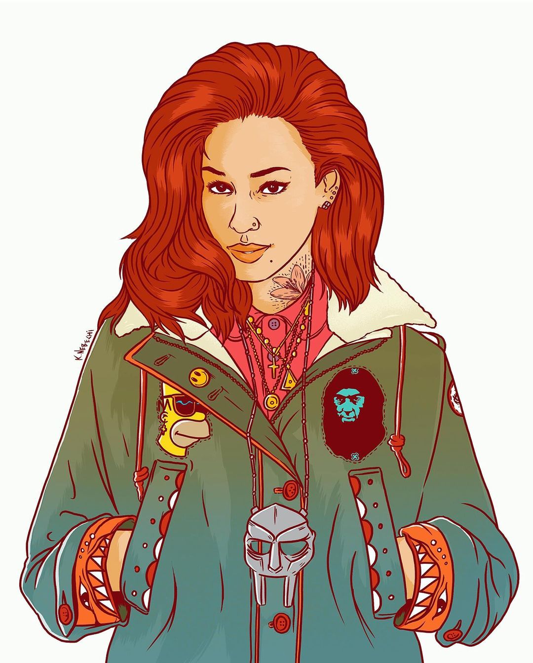 Illustration of a woman with red hair wearing a green jacket with cartoon character patches and multiple necklaces against a white background.