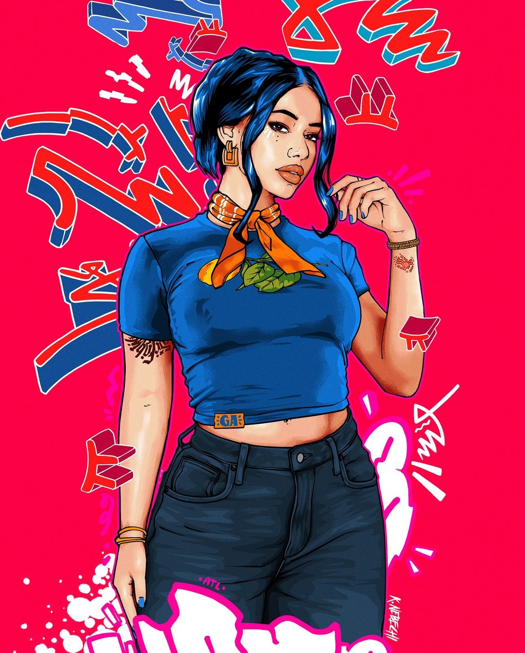 Illustration of a woman with blue hair wearing a blue t-shirt and jeans, set against a bright pink backdrop with graffiti art.