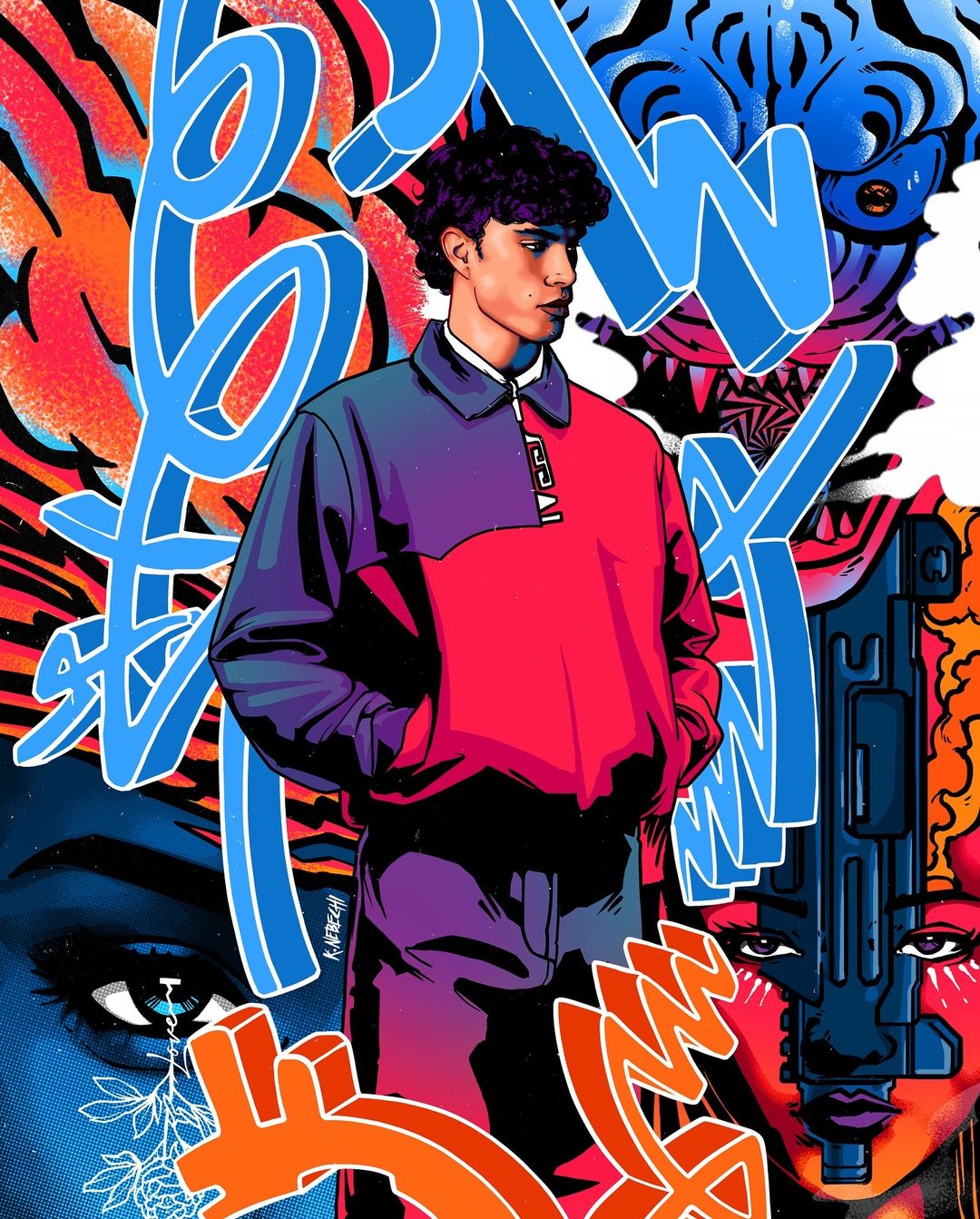 Illustration of a young man in a jacket against a vibrant backdrop featuring colorful artwork, graffiti, and pop art elements.
