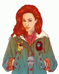Digital illustration by Kingsley Nebechi of a woman with red hair wearing an olive green jacket and layered necklaces against a white background.