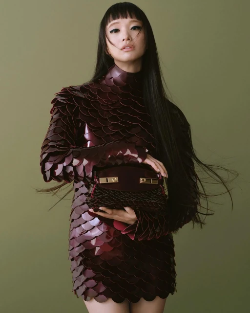 Portrait of a stylish Asian woman in a burgundy, scale-textured dress, holding a matching handbag against a muted green background.