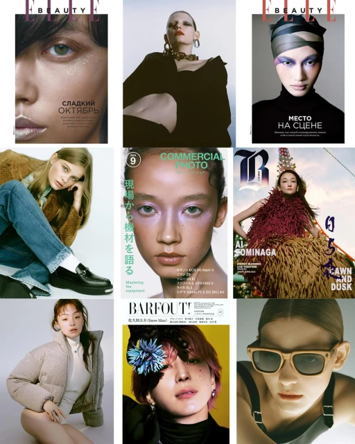Collage of nine fashion magazine covers featuring diverse models and makeup, shot in a photo studio with natural lighting and bold typography.