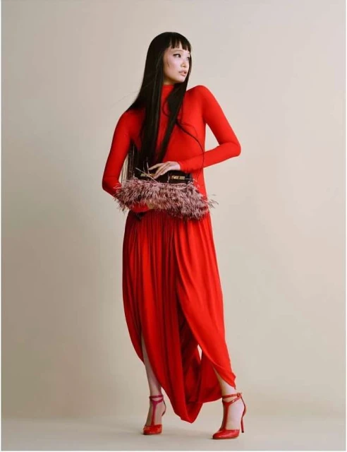 A full-length shot features an Asian woman in a red dress with a clutch, set against a neutral backdrop in a studio setting.