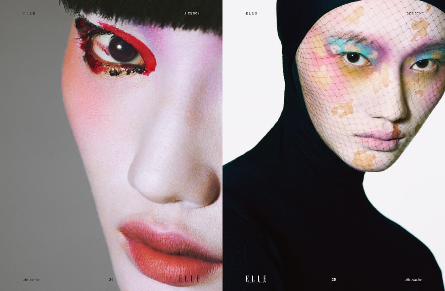 Two close-up portraits showcase striking makeup: one with bold red and gold eye accents, the other with pastel colors and a net veil.