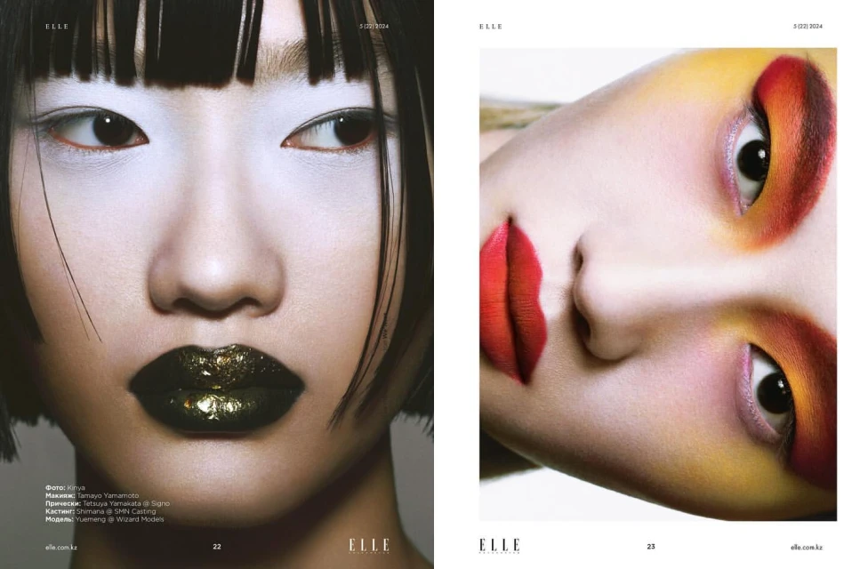 Editorial close-up of a woman with white face makeup and black lipstick in an Elle magazine layout; vibrant makeup contrasts dramatically.