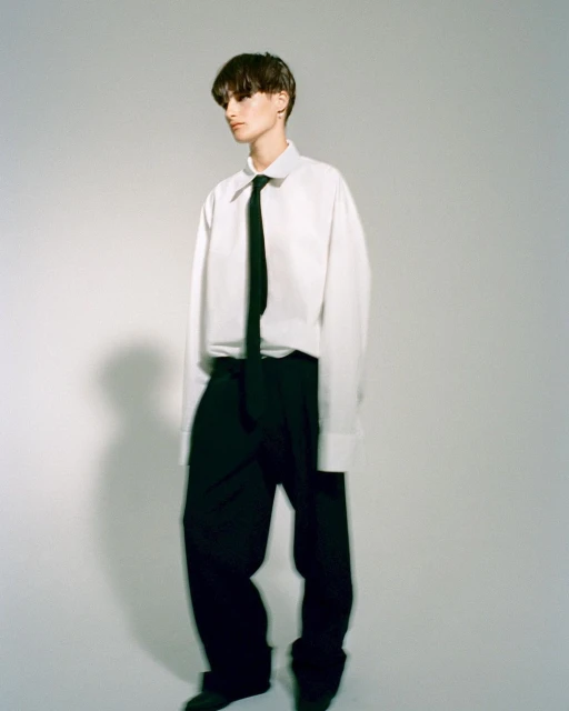 Stylish person with short dark hair poses in a white button-down shirt, black tie, and trousers against a neutral backdrop.