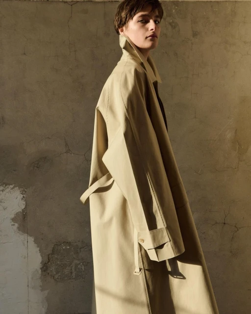 Woman wearing a beige trench coat standing indoors against a textured wall in warm, diffused light. Fashion editorial photography.