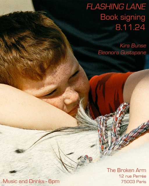 Boy with freckles rests head on braided object, with event promotion for Flashing Lane book signing on 8.11.24 at The Broken Arm, Paris.