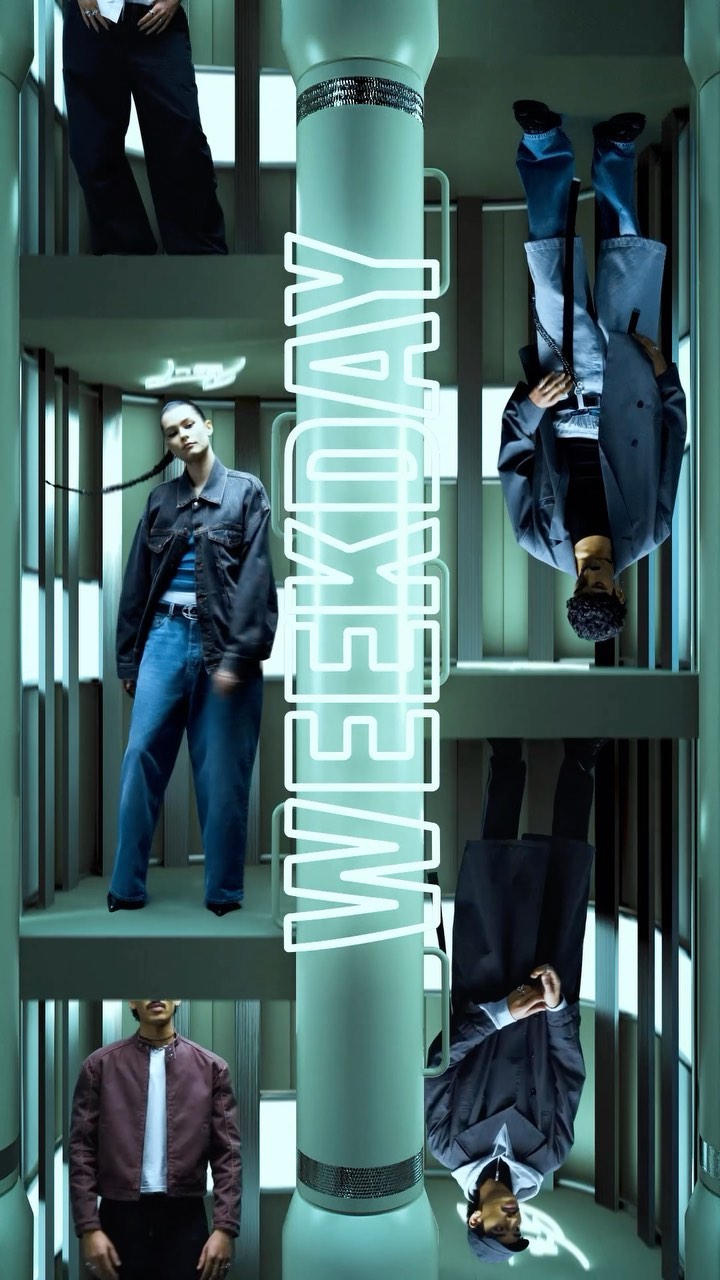 Vertical shot of diverse people in Weekday jeans and jackets on a split level set in a photo studio with neon brand signage.