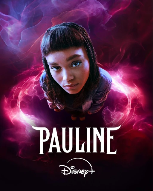 Promotional image of the TV show Pauline, featuring a young adult female staring up into the camera with a plasma-energy background.