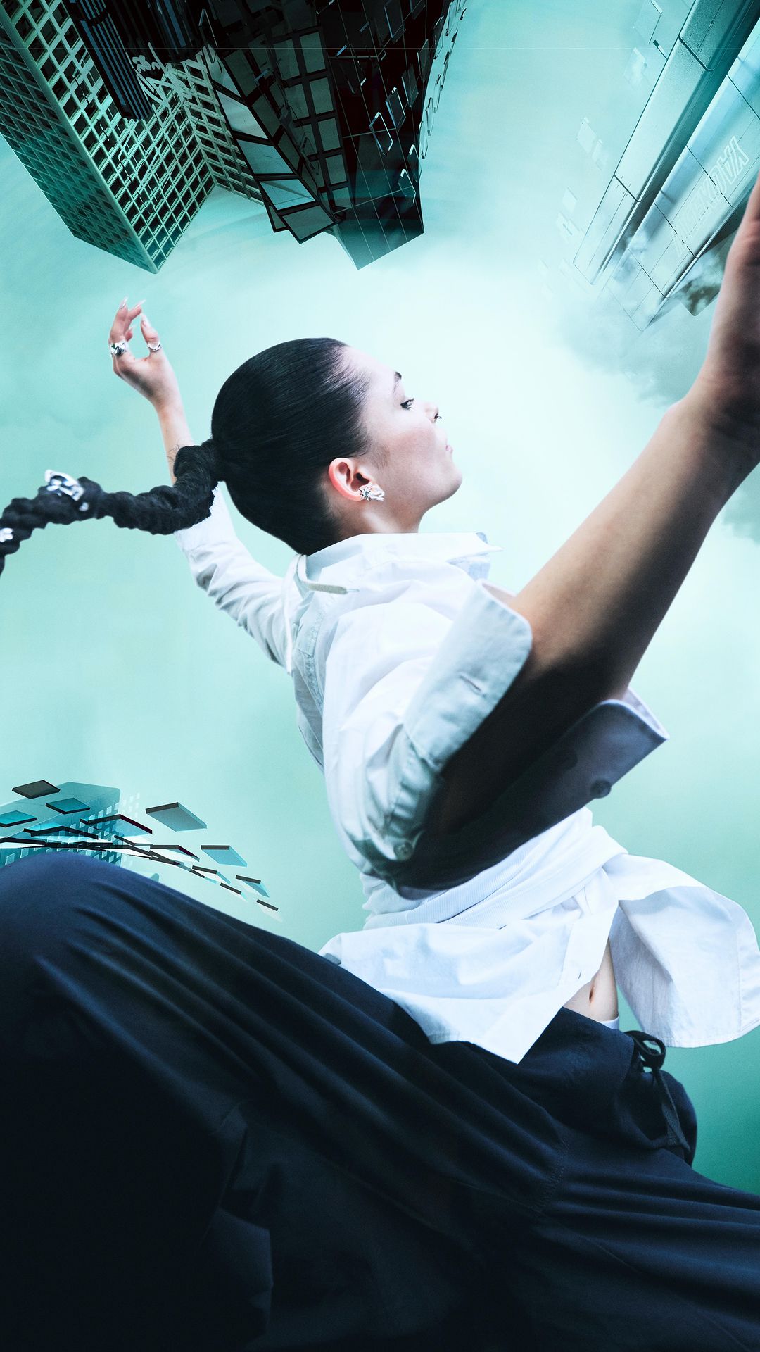 Digital artwork showing a woman in a white shirt and black pants falling amidst high-rise buildings against a light turquoise sky.