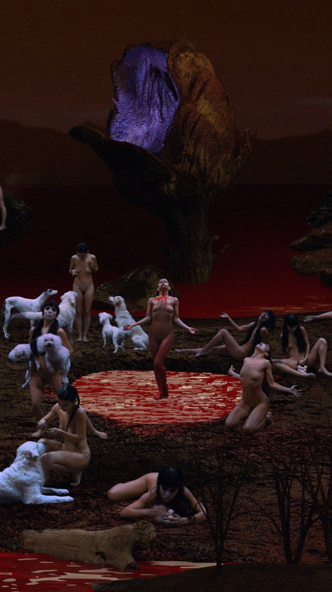 Surreal digital art: nude figures around a red pool, dogs, and a tree-like rock formation against an orange and purple cloudy sky.