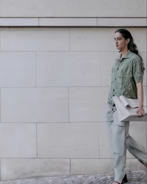 A woman in a green shirt and pants walks past a grey brick wall, carrying a large white clutch. A fashionable outdoor fashion shot.