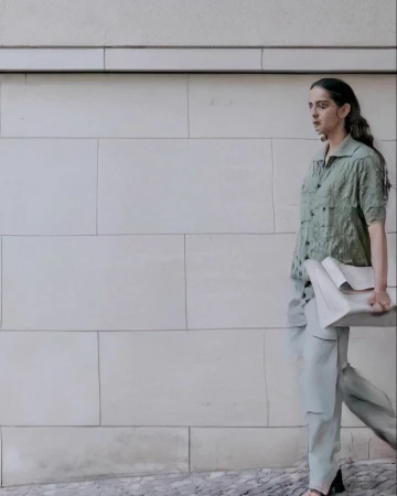 A woman in a green shirt and pants walks past a grey brick wall, carrying a large white clutch. A fashionable outdoor fashion shot.