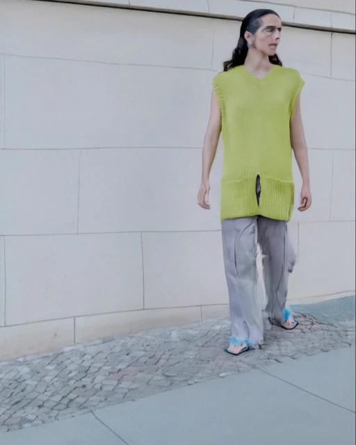 A person walks outside, wearing a chartreuse knit top and grey pants, on a stone sidewalk next to a textured, off-white wall.