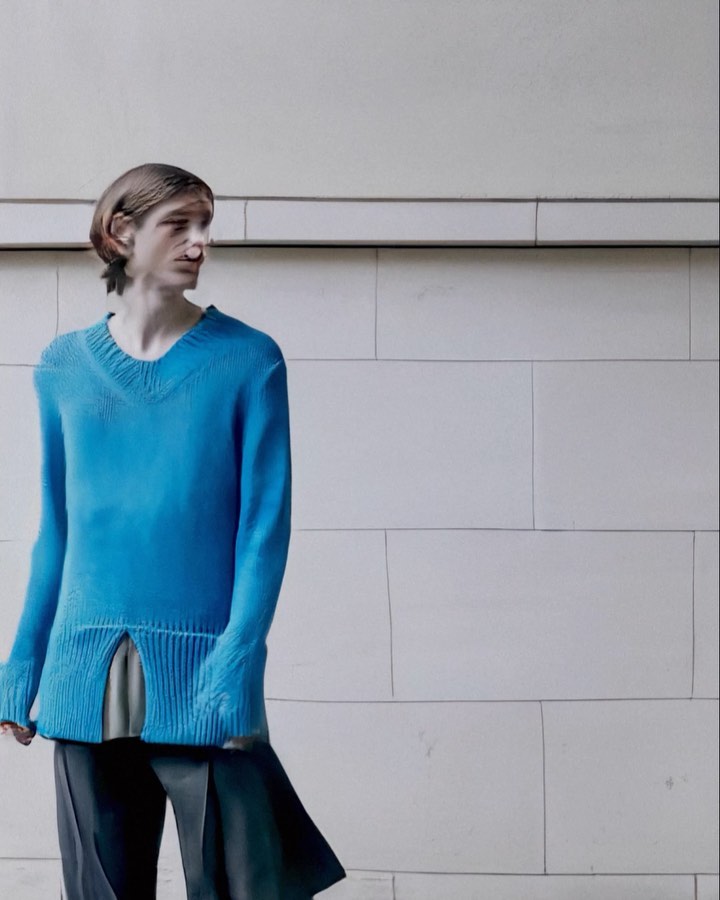 Editorial fashion portrait of a fair-skinned adult male model in a bright-blue V-neck sweater, set against a textured white brick wall.