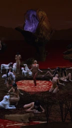 Surreal digital artwork featuring multiple nude figures and white dogs in a dark, reddish landscape with a giant flowering bulb.