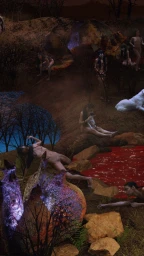 Surreal landscape with multiple figures posed amongst barren trees, rocky terrain, and a vibrant red pool by Kitty Lee Schumacher