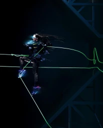 Person suspended climbing on ropes in dark futuristic setting photographed by Kitty Lee Schumacher