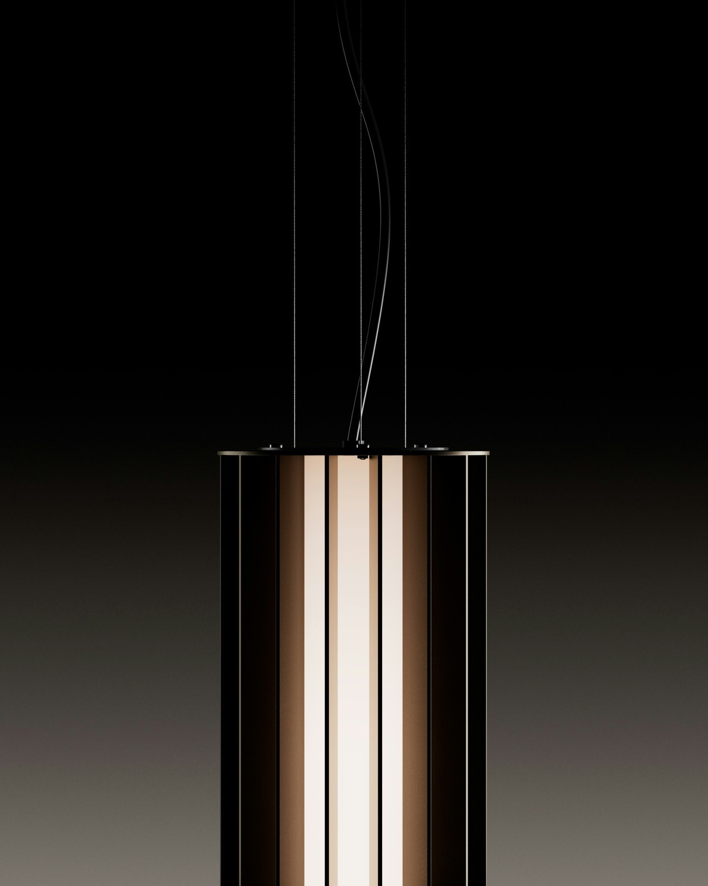 Modern pendant light fixture with a cylindrical shape and a combination of dark and illuminated panels, hanging against a dark background.