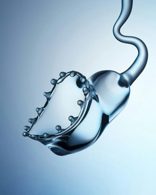 Abstract close-up of liquid splashing upward with droplets against a light blue gradient background in an artistic studio photograph.