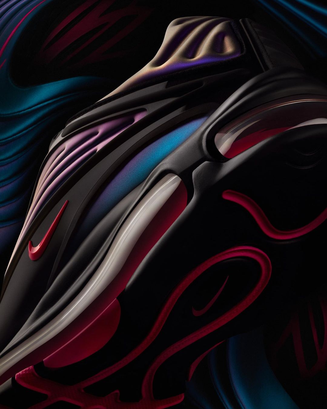 Abstract macro of a dark running shoe with red and blue accents and fluid design elements, conveying motion and futuristic aesthetics.