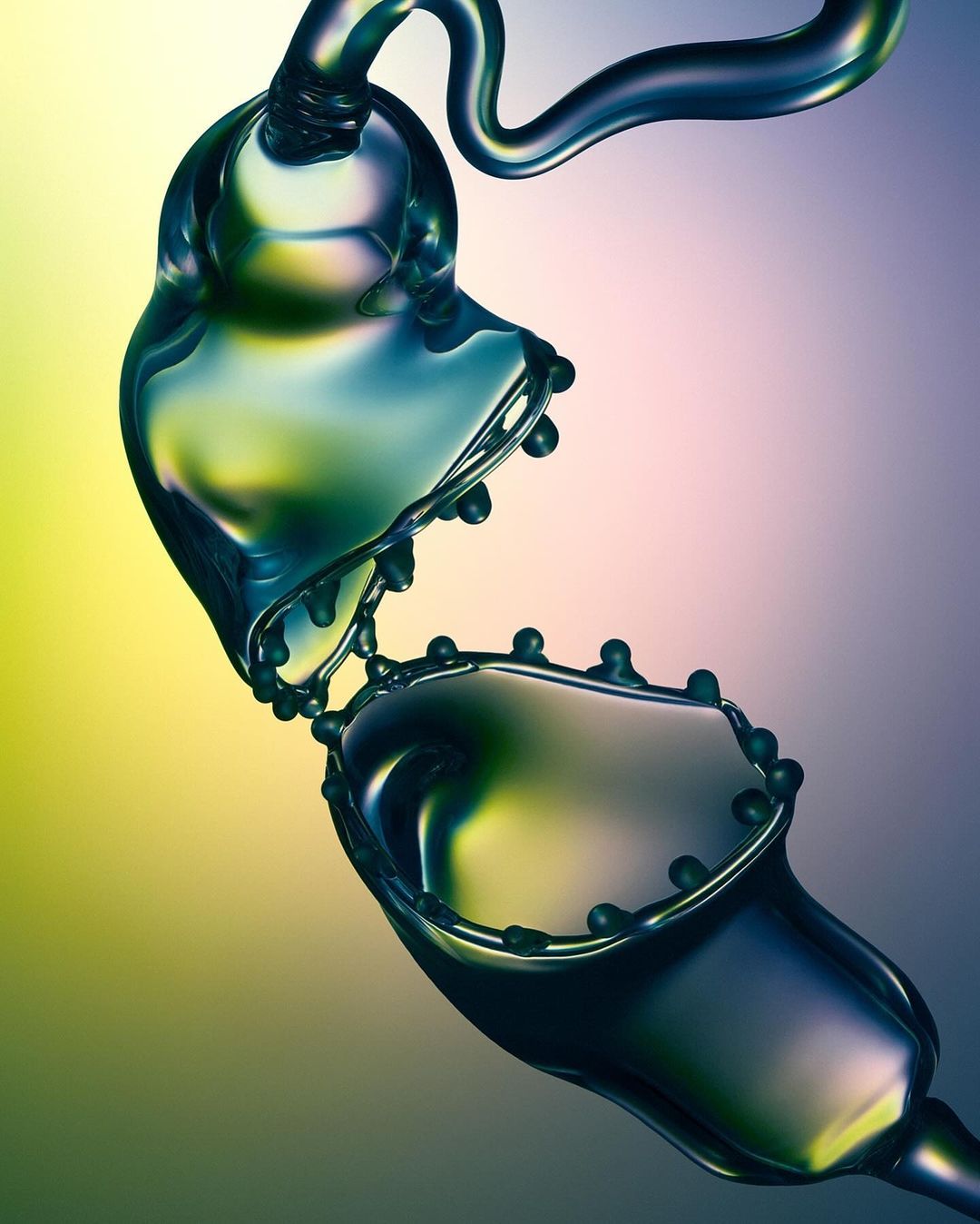 Abstract photograph of colliding liquid droplets forming crown-like shapes against a gradient background of yellow, pink, and purple.