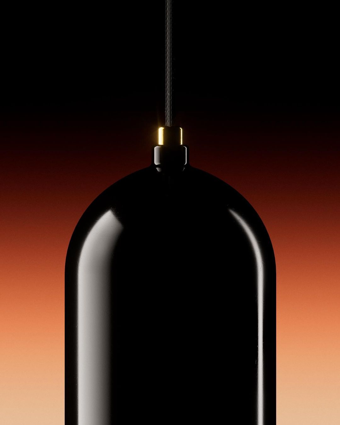 A sleek black pendant lamp hangs from a dark cord against a gradient backdrop of black and orange, showcasing modern lighting design.